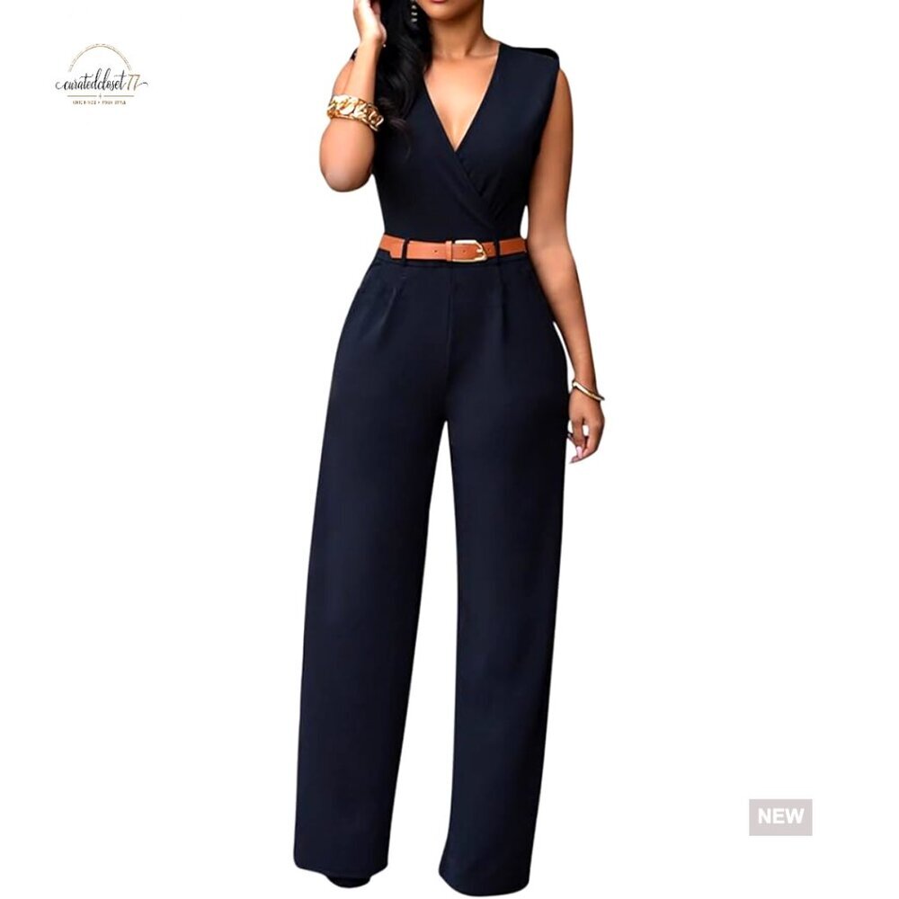 V-Neck Sleeveless Wide Leg Jumpsuit with Belt Business Casual